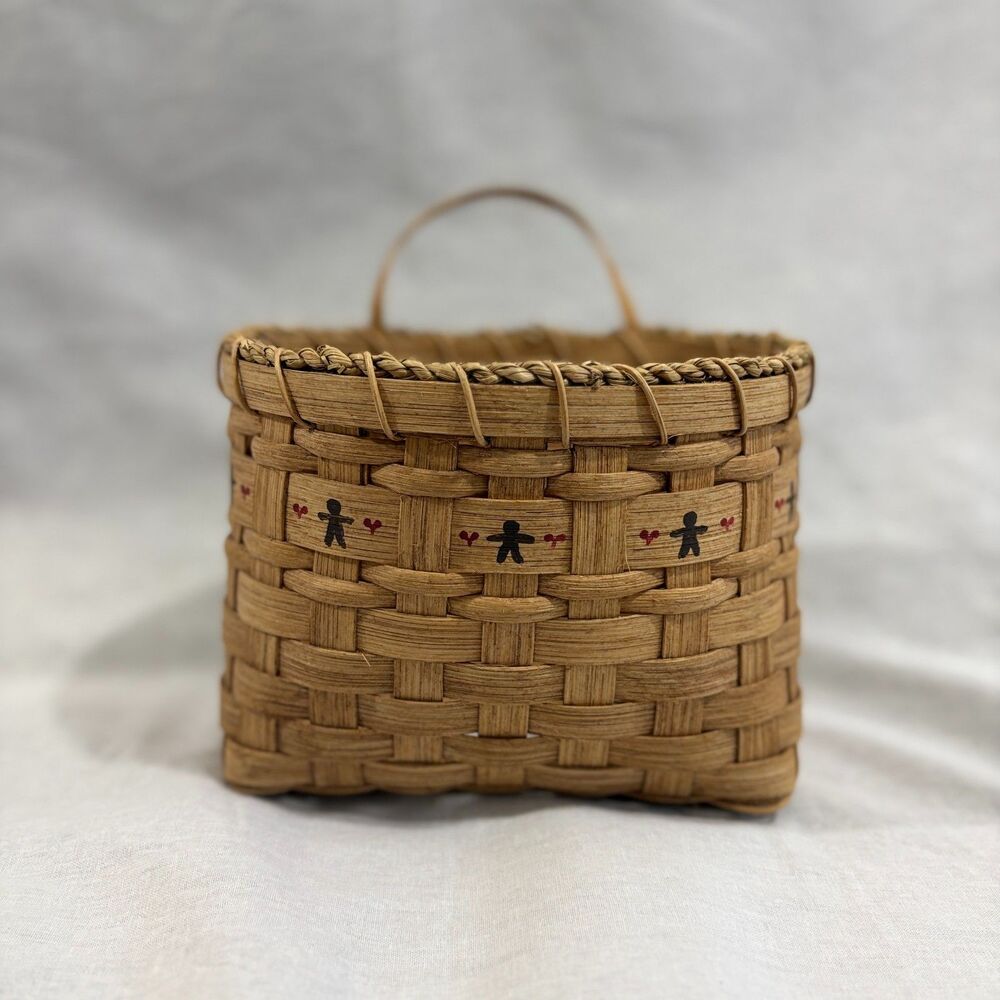 Vintage 1994 Handwoven Wood Splint Basket Folk Art Hearts Signed